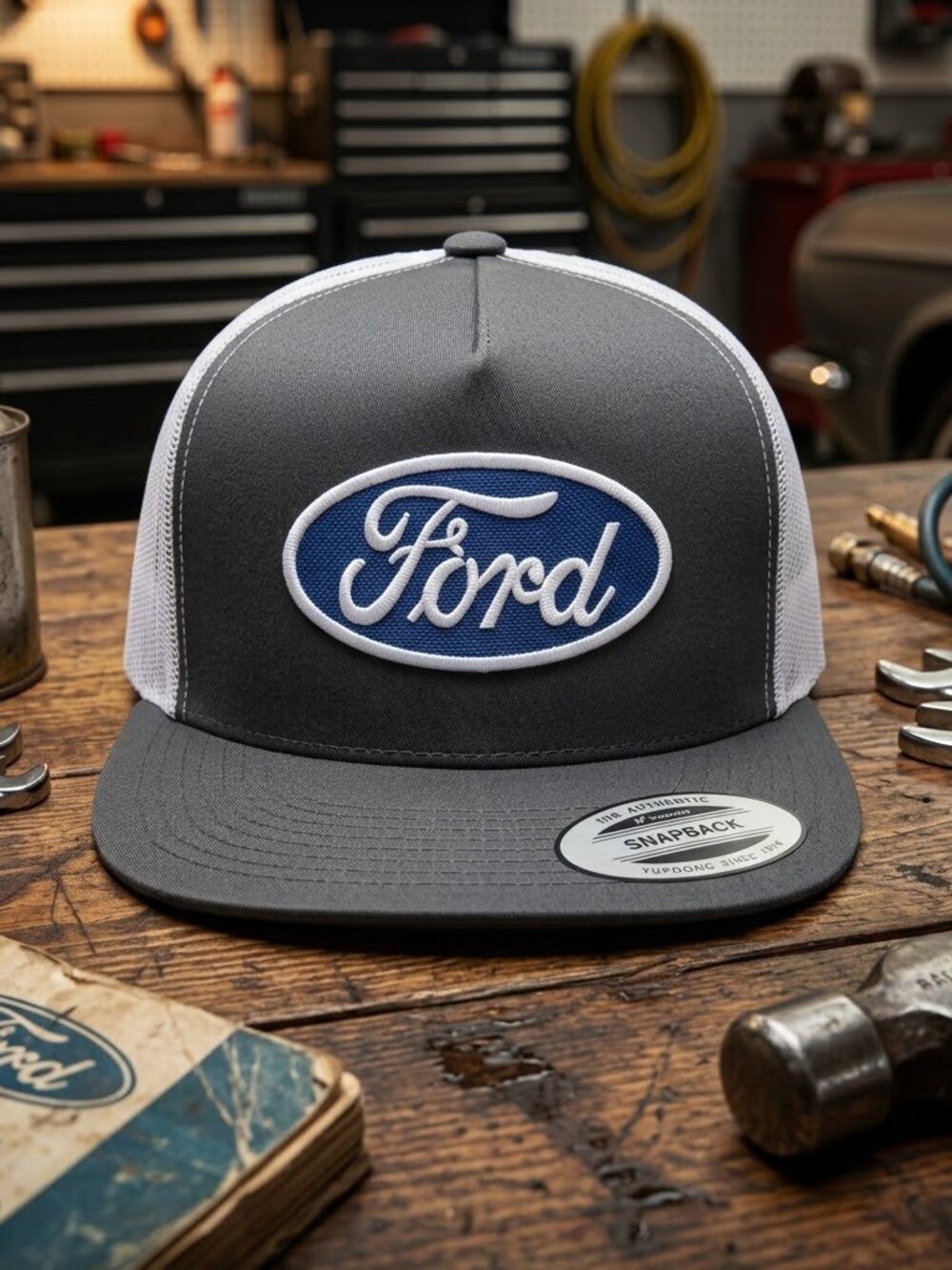 Retro Vintage Ford Blue Oval Patch Grey White Yupoong Flat Bill Snapback Hat New
